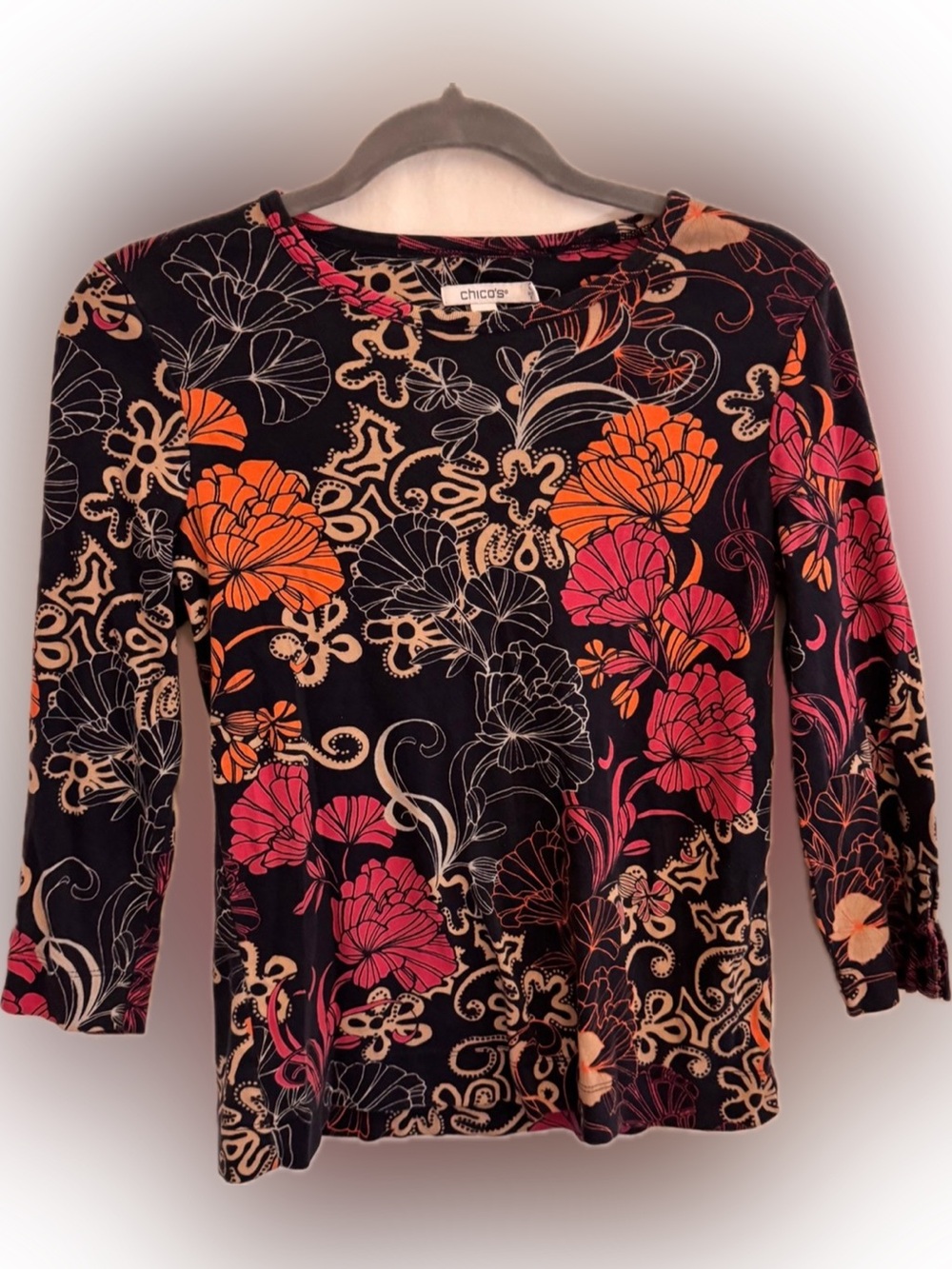 Chico’s 100% Pima Cotton Floral Top Size 0 (S) | 3/4 Sleeve Soft Knit